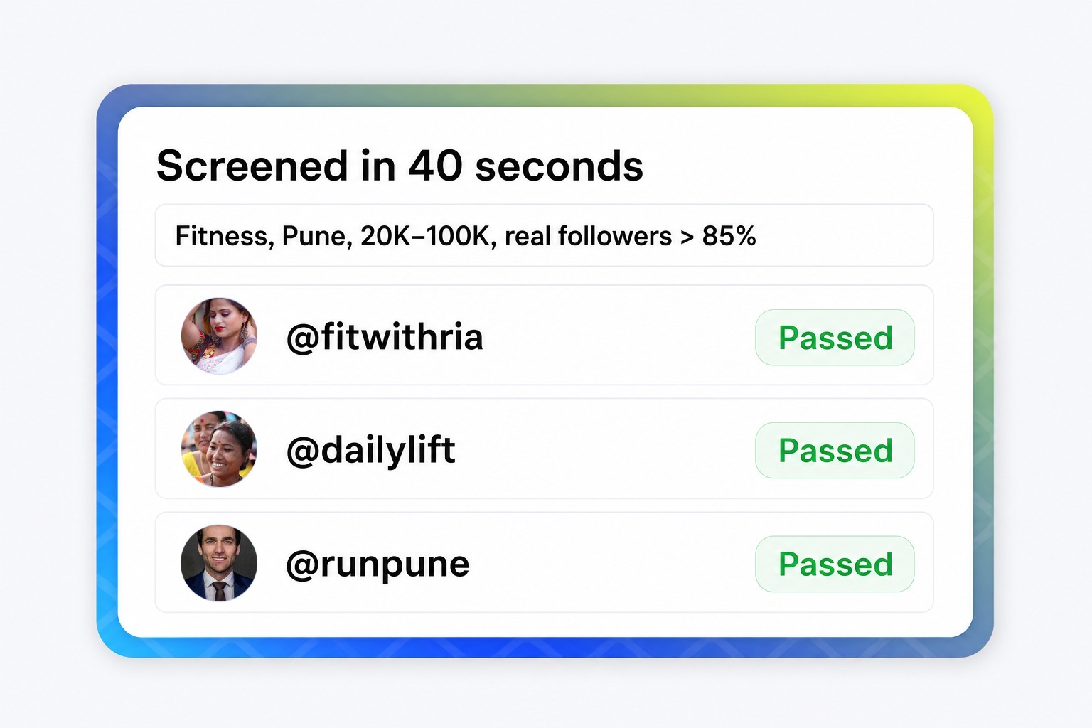 Natural language creator search returning screened results for an agency brief