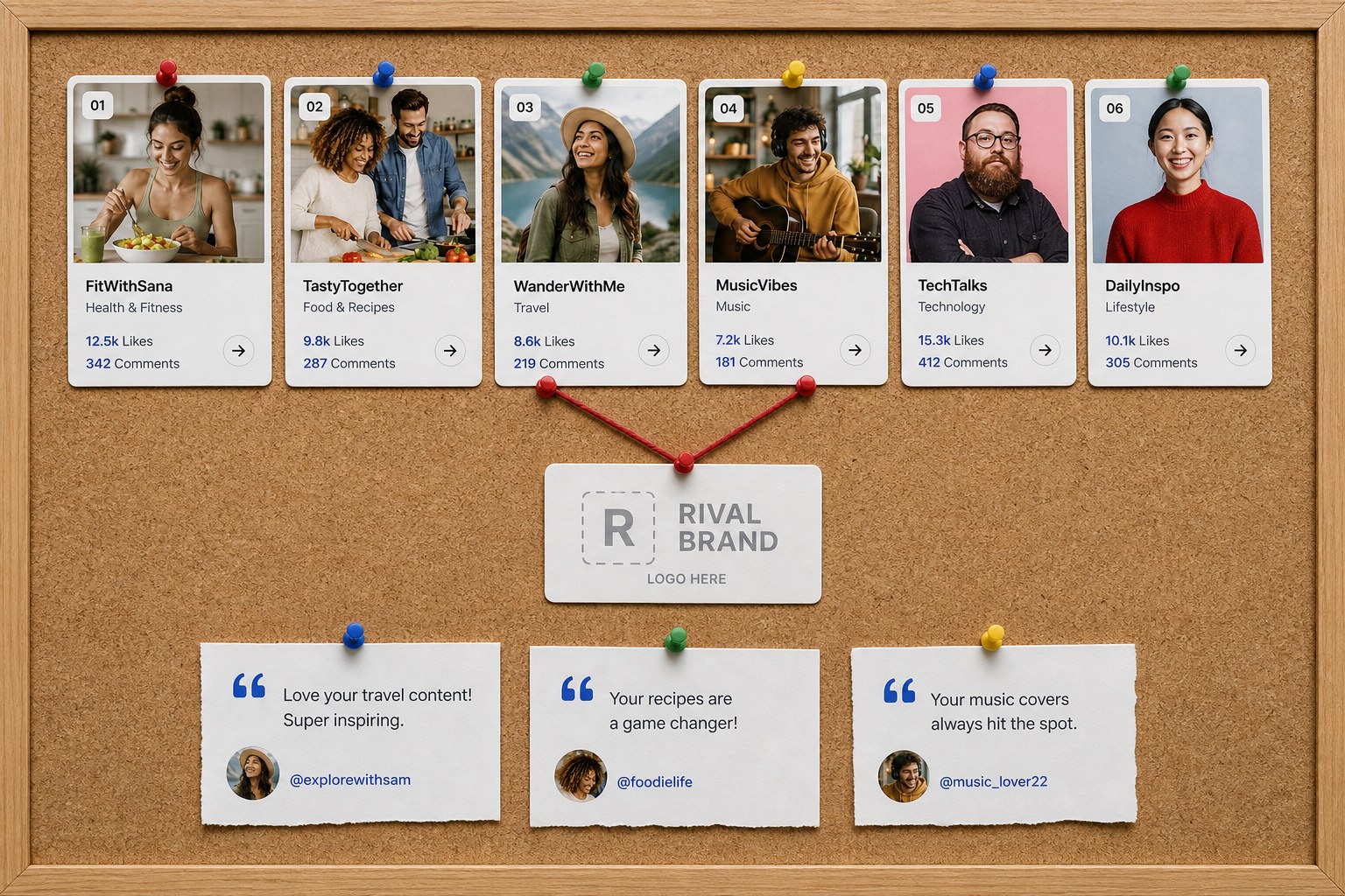 Creator profile cards on a corkboard linked to competitor activity and audience comments