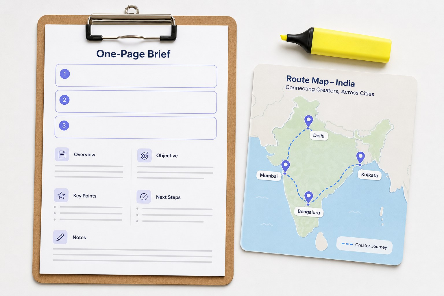 Campaign brief with 3 research questions answered at the top, next to a map with city pins